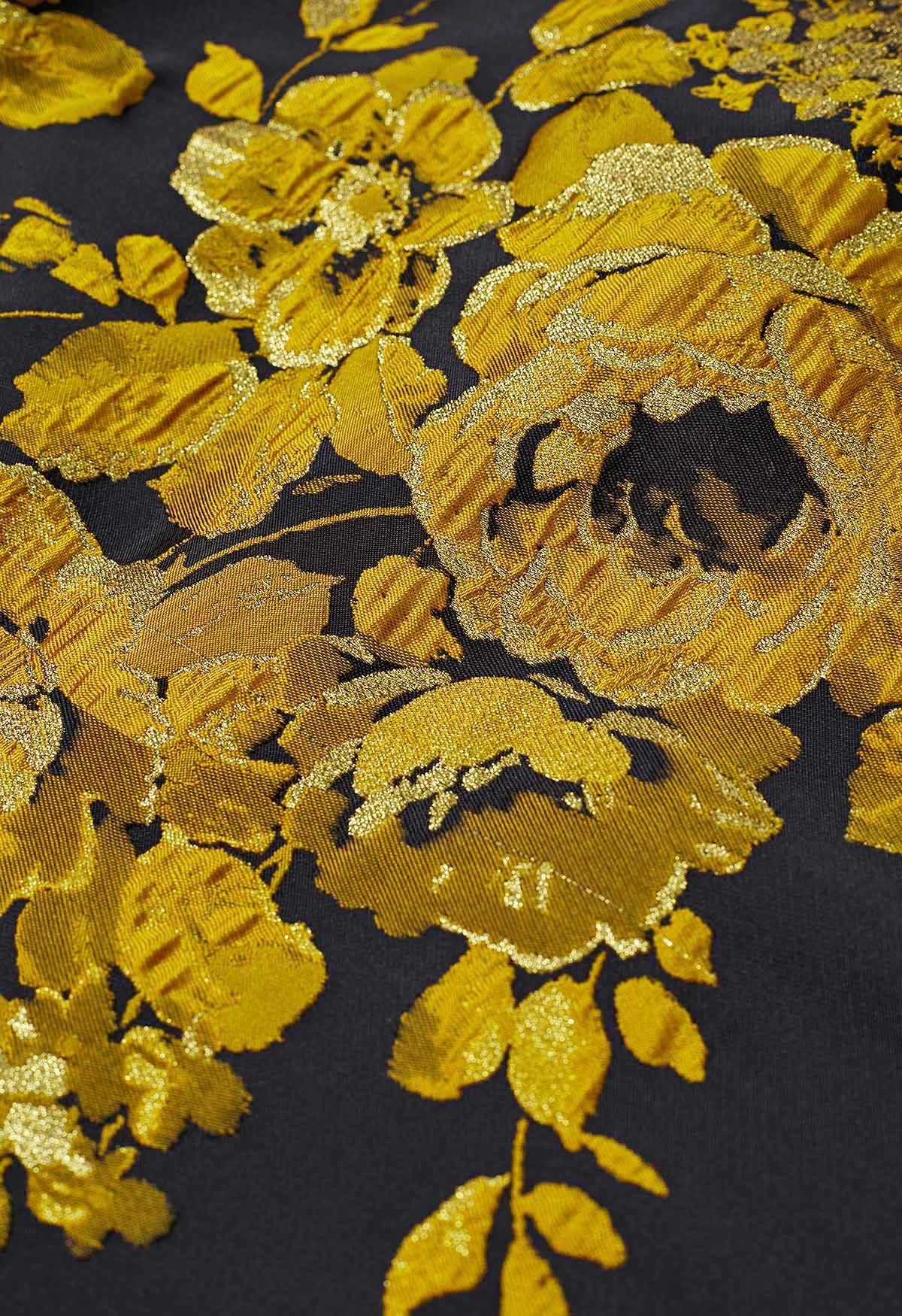 Falda midi plisada de jacquard con peonías doradas de Ebullient