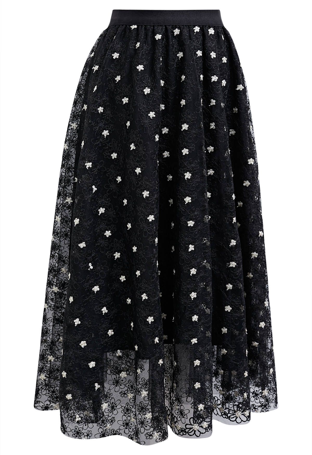 Falda midi de tul de malla con bordado de margaritas en negro