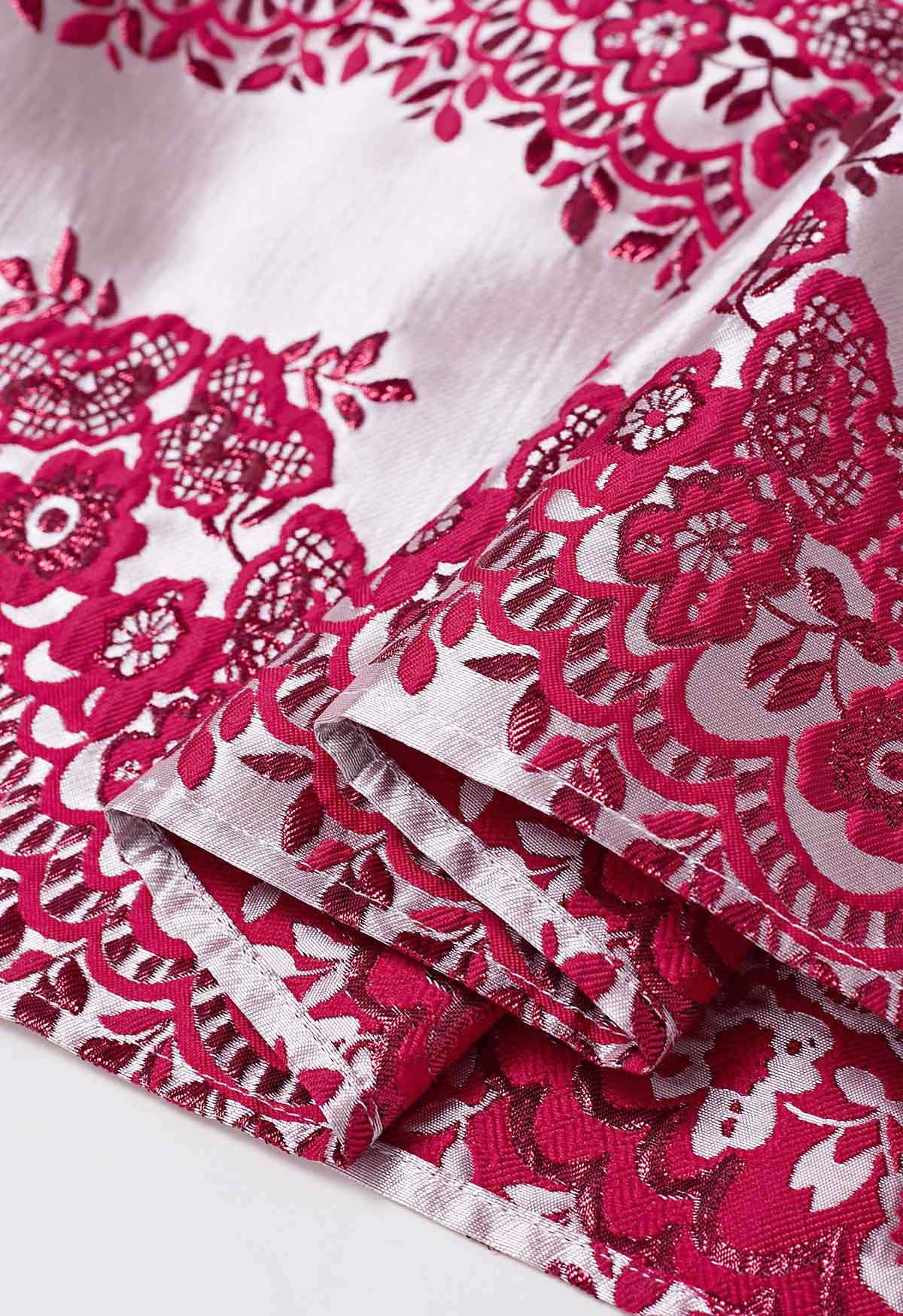Magnífica falda midi plisada de jacquard floral en rojo
