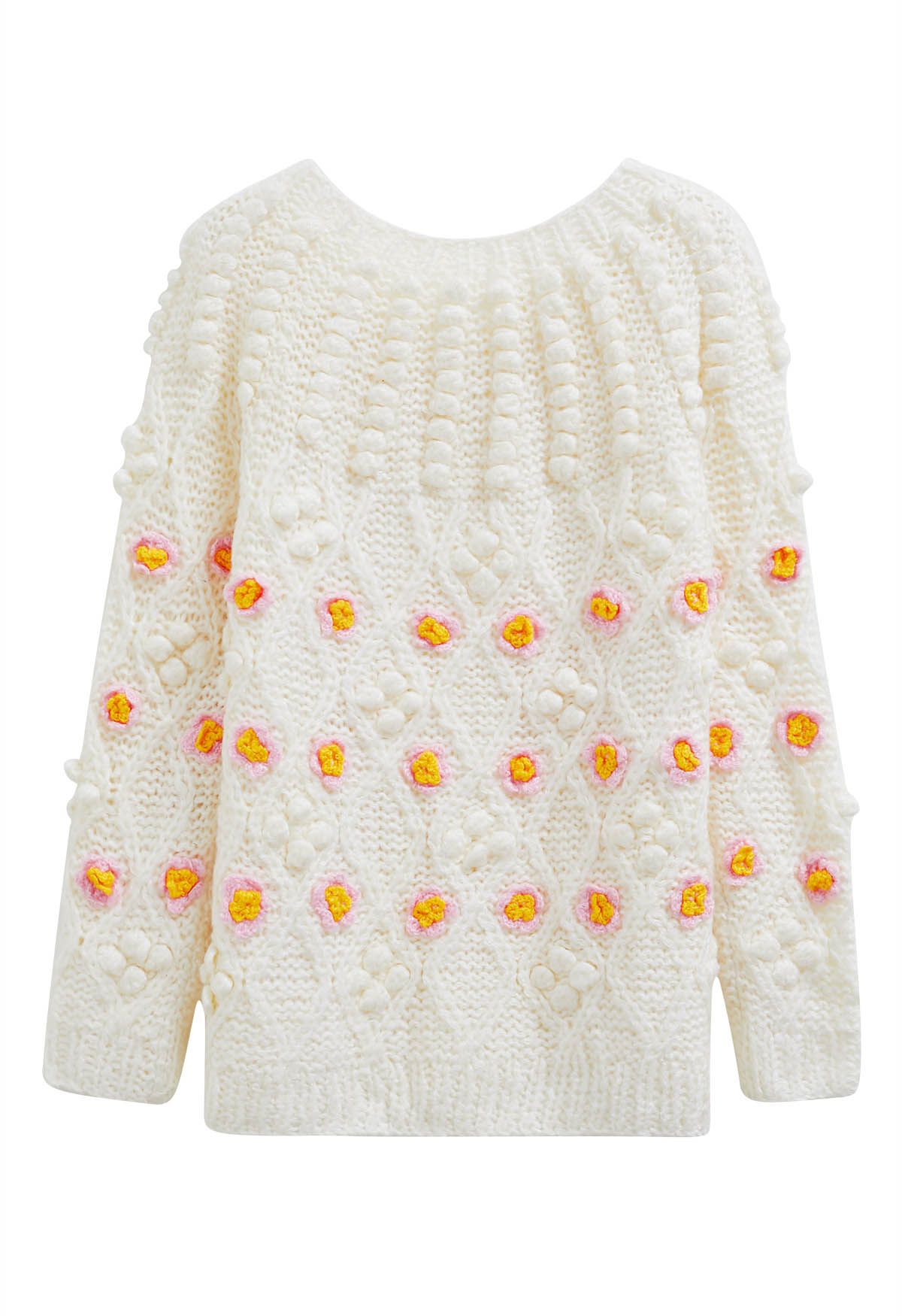 Suéter de punto grueso con flores y pompones