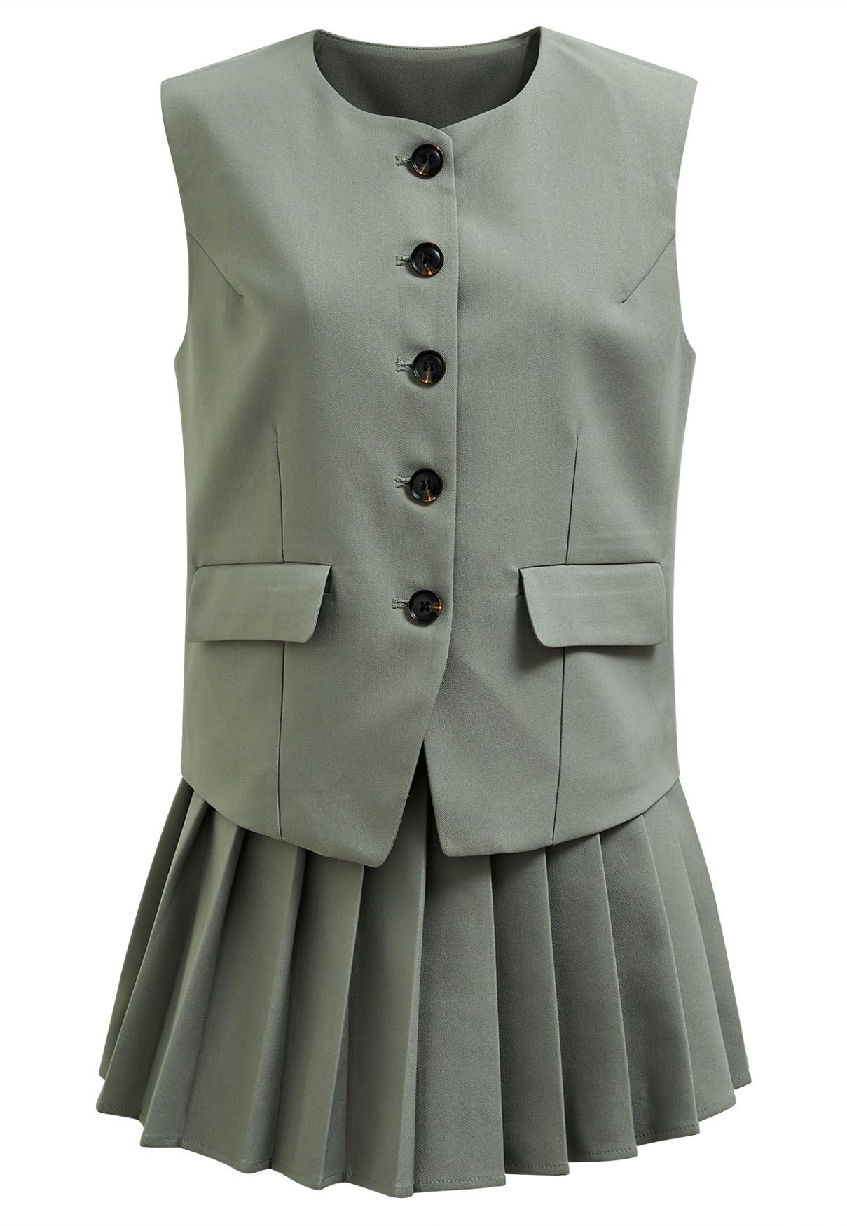 Conjunto de blazer tipo chaleco con botones delanteros y minifalda plisada en gris
