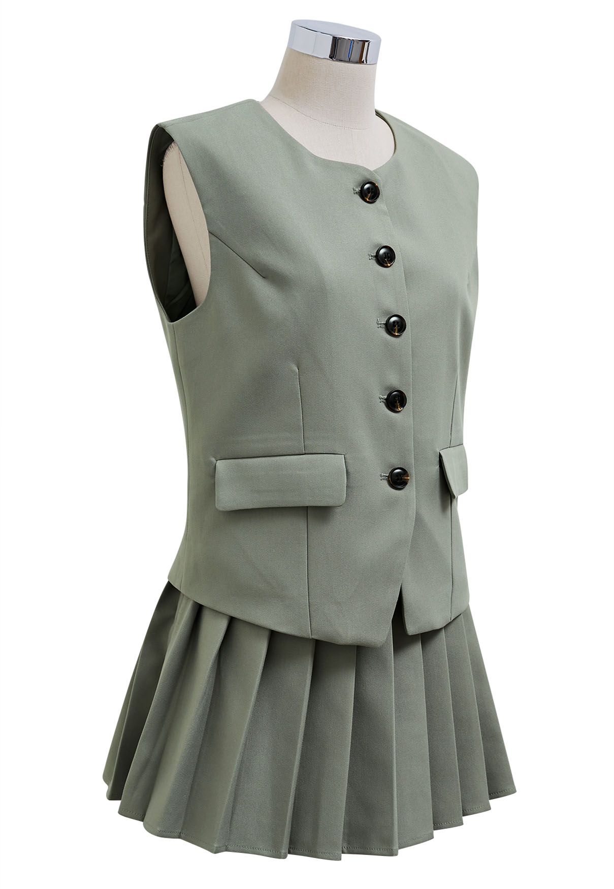 Conjunto de blazer tipo chaleco con botones delanteros y minifalda plisada en gris