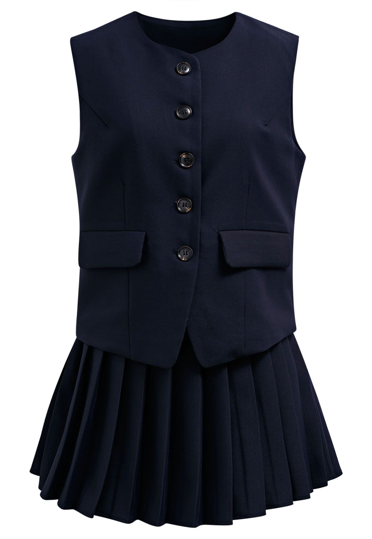 Conjunto de blazer sin mangas con botones en la parte delantera y minifalda plisada en azul marino