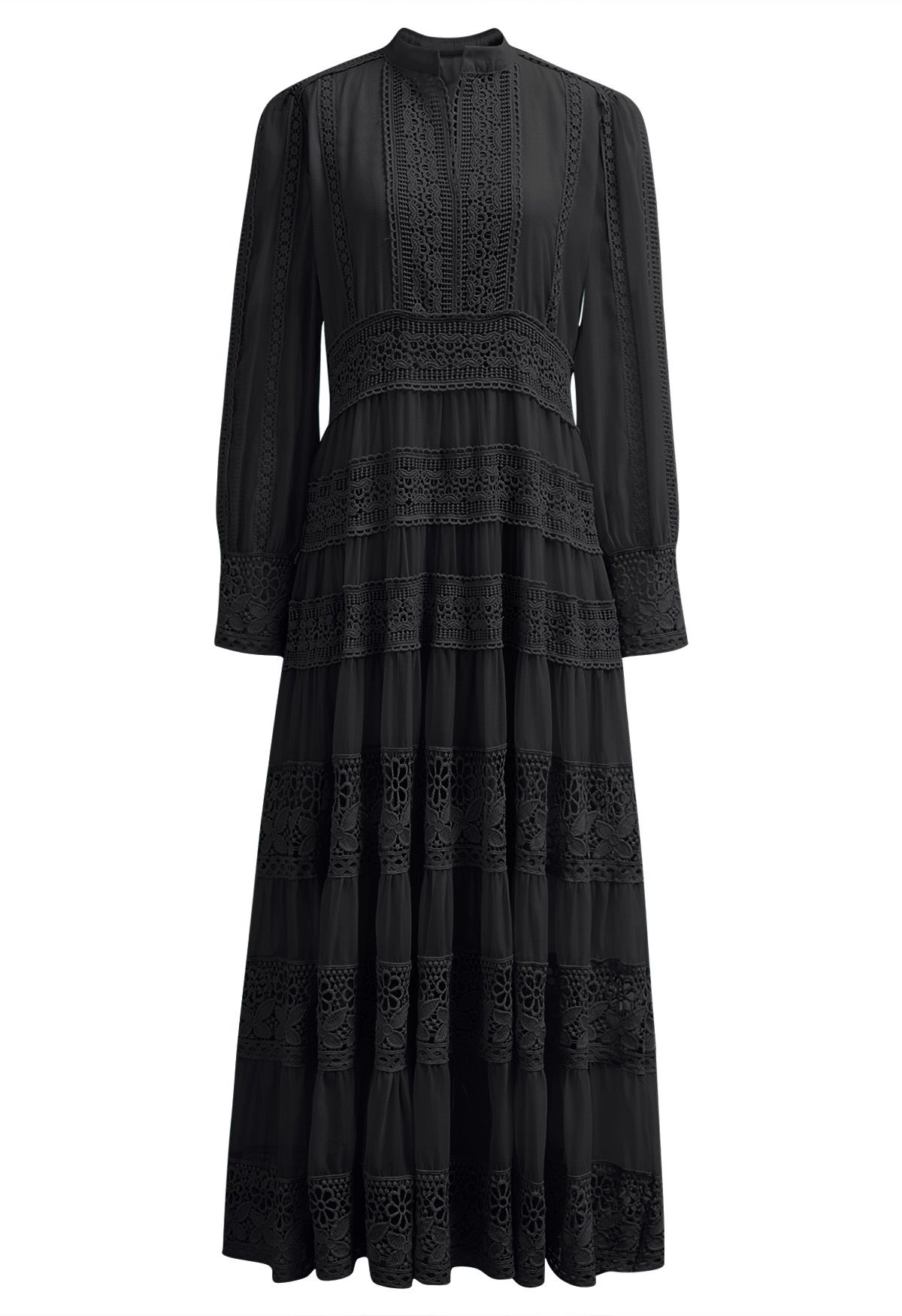 Savvy Elegance Notch Neck Floral Lace Panelled Maxi Dress in Black