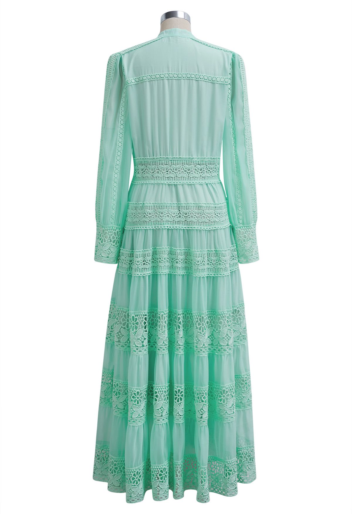 Savvy Elegance Notch Neck Floral Lace Panelled Maxi Dress in Mint