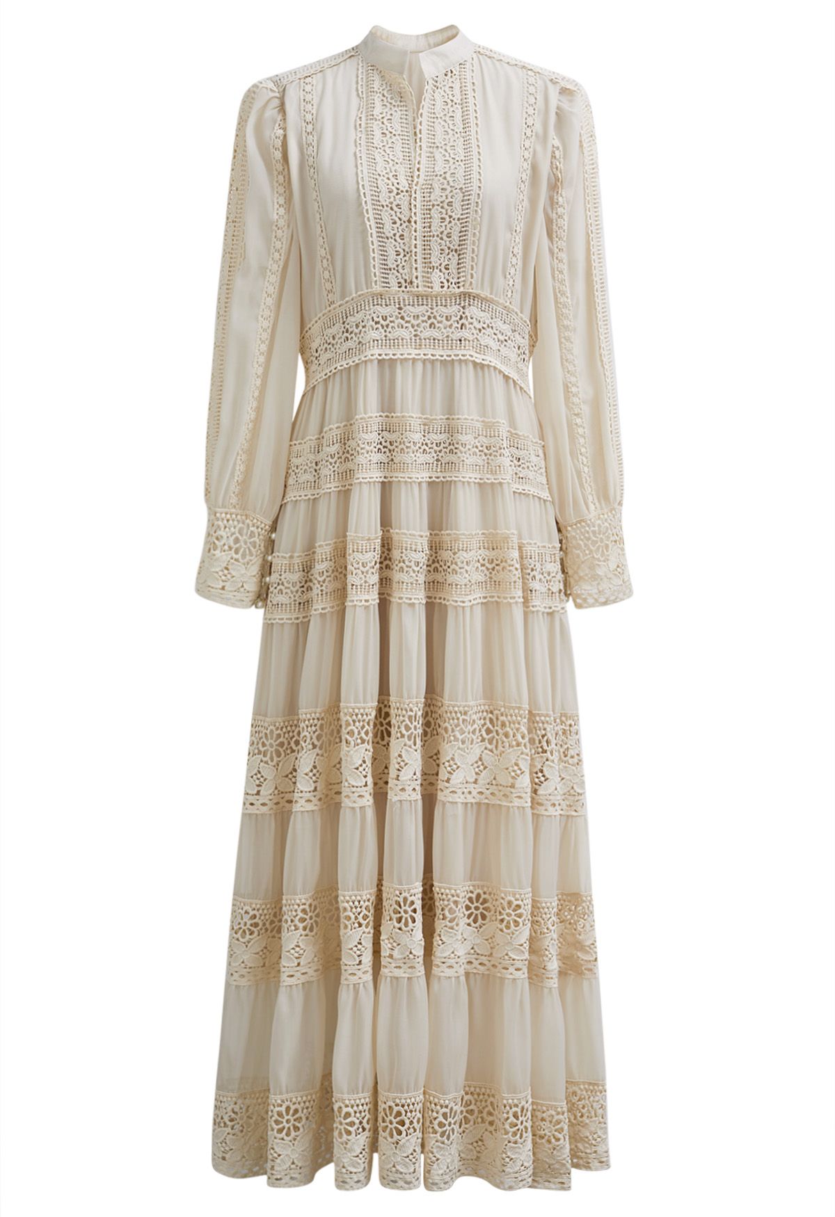 Savvy Elegance Notch Neck Floral Lace Panelled Maxi Dress in Cream