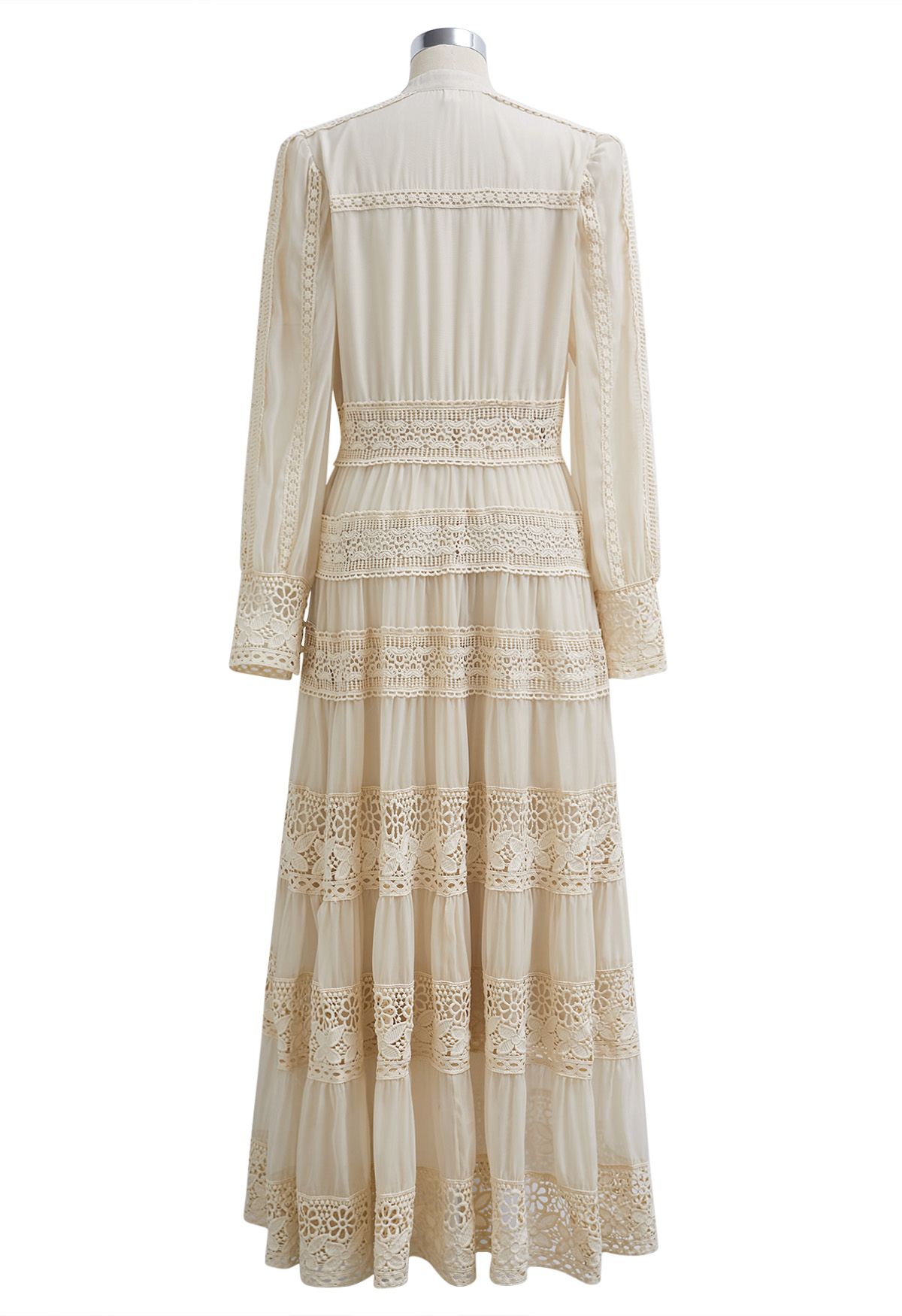 Savvy Elegance Notch Neck Floral Lace Panelled Maxi Dress in Cream