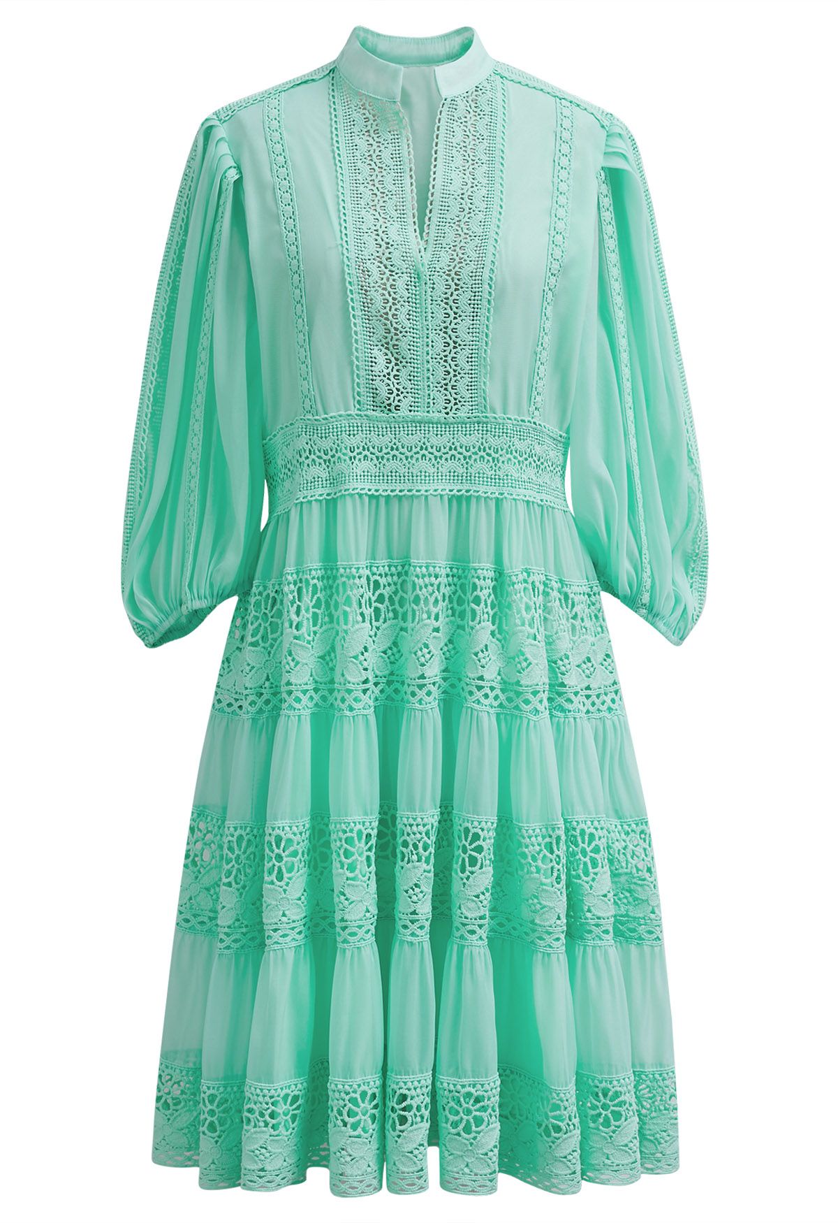 Savvy Elegance Notch Neck Floral Lace Panelled Midi Dress in Mint