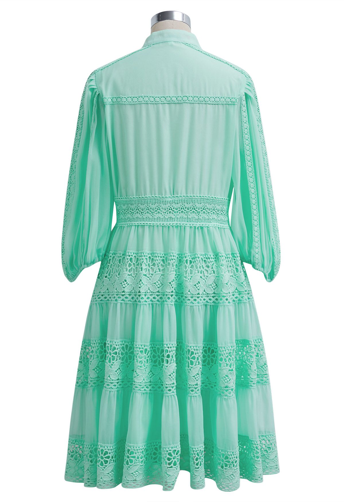 Savvy Elegance Notch Neck Floral Lace Panelled Midi Dress in Mint