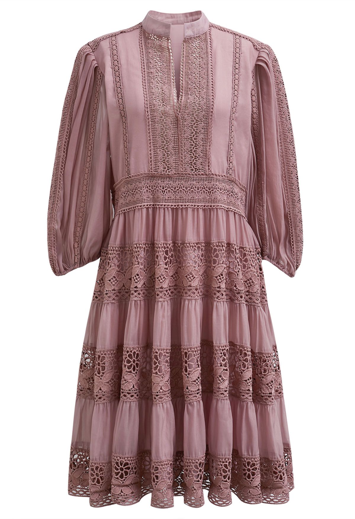 Savvy Elegance Notch Neck Floral Lace Panelled Midi Dress in Dusty Pink