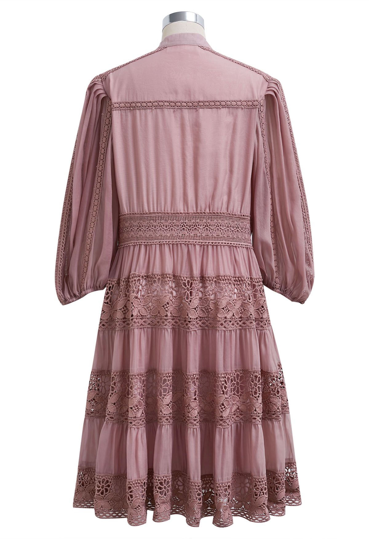 Savvy Elegance Notch Neck Floral Lace Panelled Midi Dress in Dusty Pink