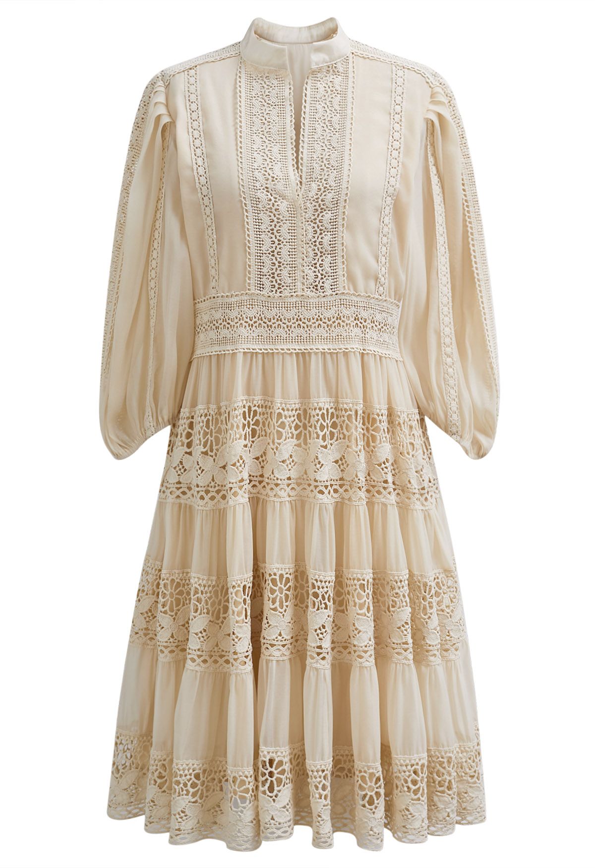 Savvy Elegance Notch Neck Floral Lace Panelled Midi Dress in Cream