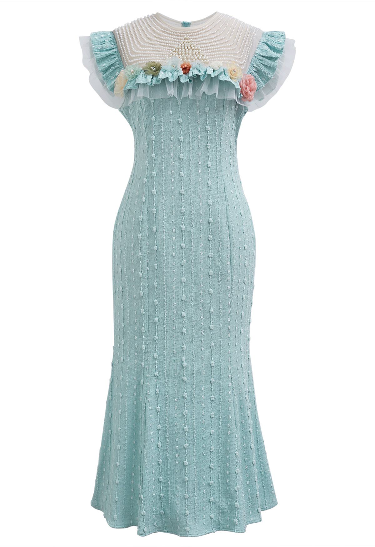 3D Floral Pearl Mesh Spliced Sleeveless Mermaid Dress