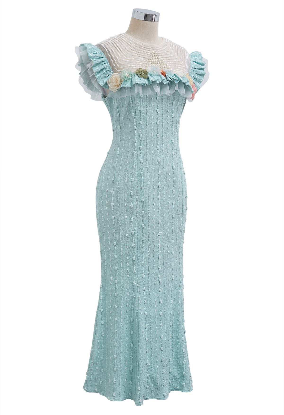 3D Floral Pearl Mesh Spliced Sleeveless Mermaid Dress