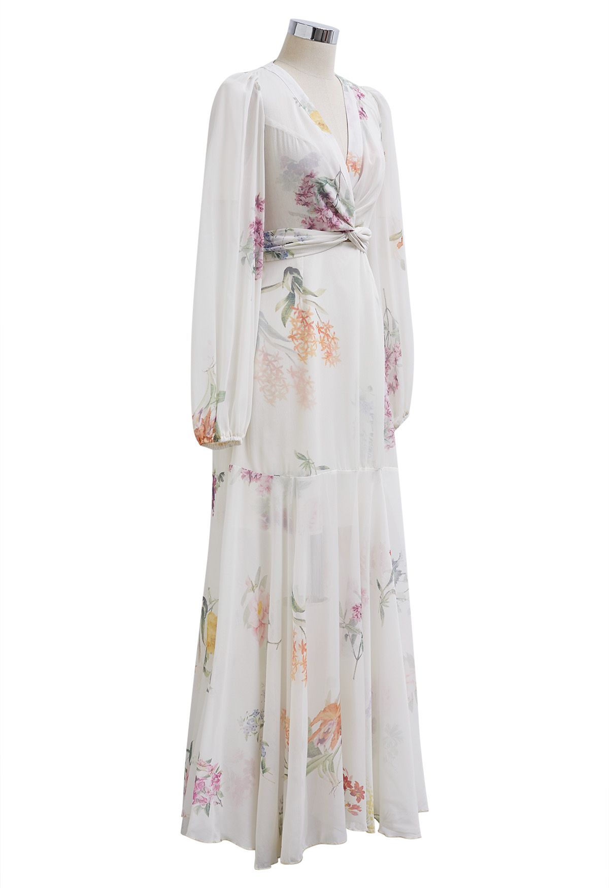 Watercolor Botanical Printed Crisscross Cutout Self-Tie Chiffon Maxi Dress