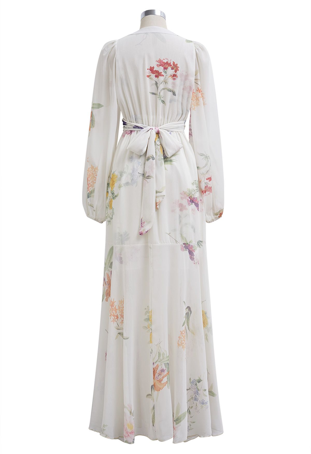 Watercolor Botanical Printed Crisscross Cutout Self-Tie Chiffon Maxi Dress