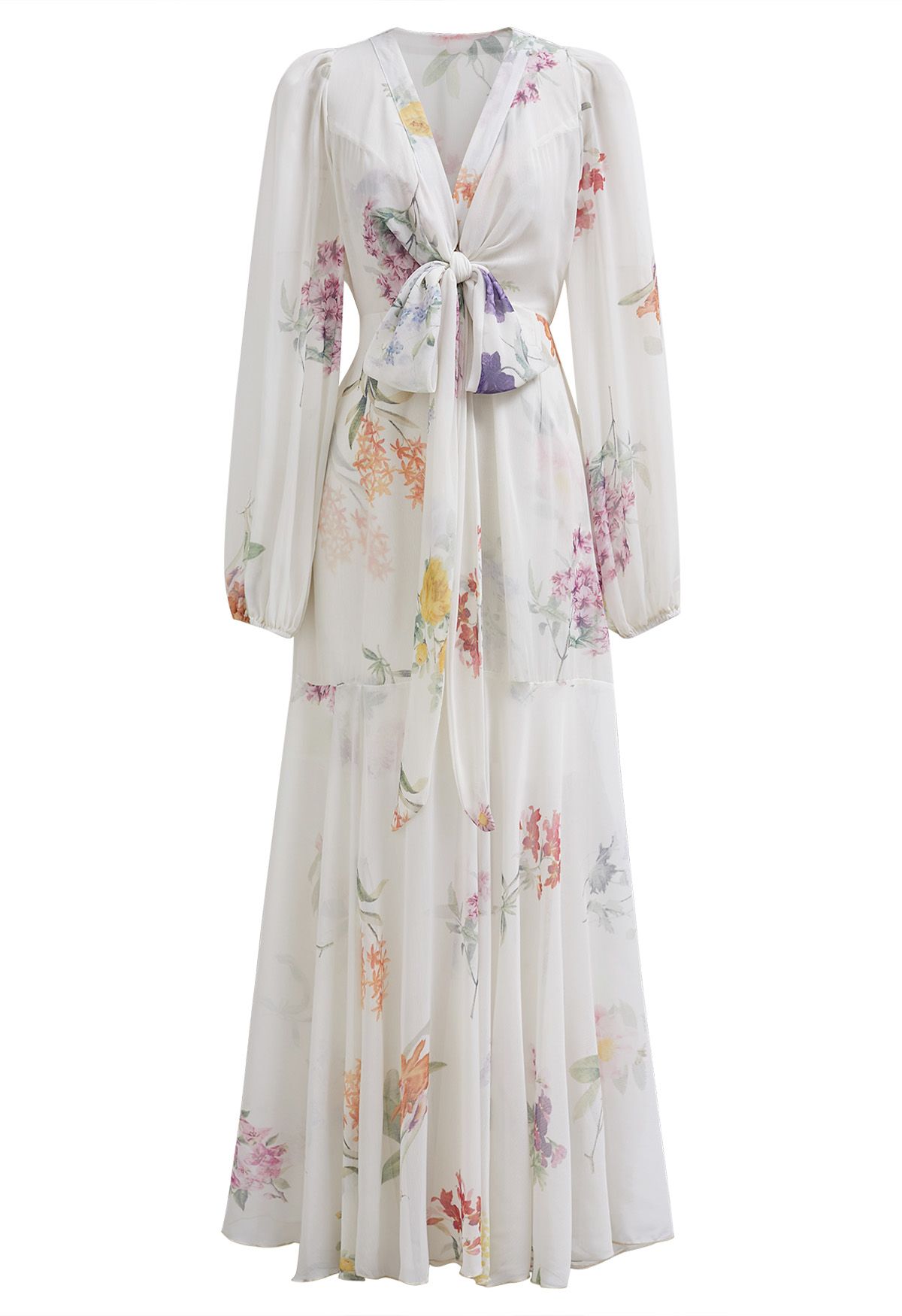 Watercolor Botanical Printed Crisscross Cutout Self-Tie Chiffon Maxi Dress