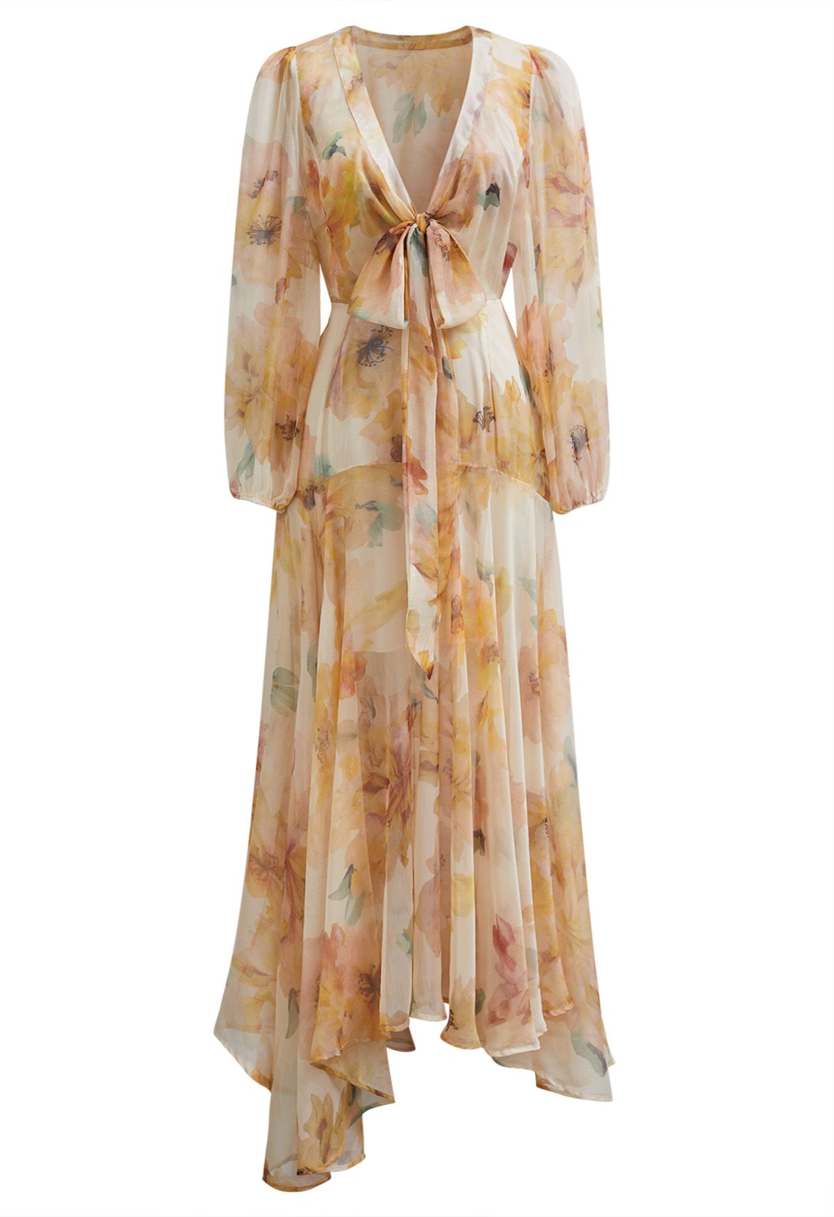 Watercolor Floral Tie Front Asymmetric Chiffon Maxi Dress