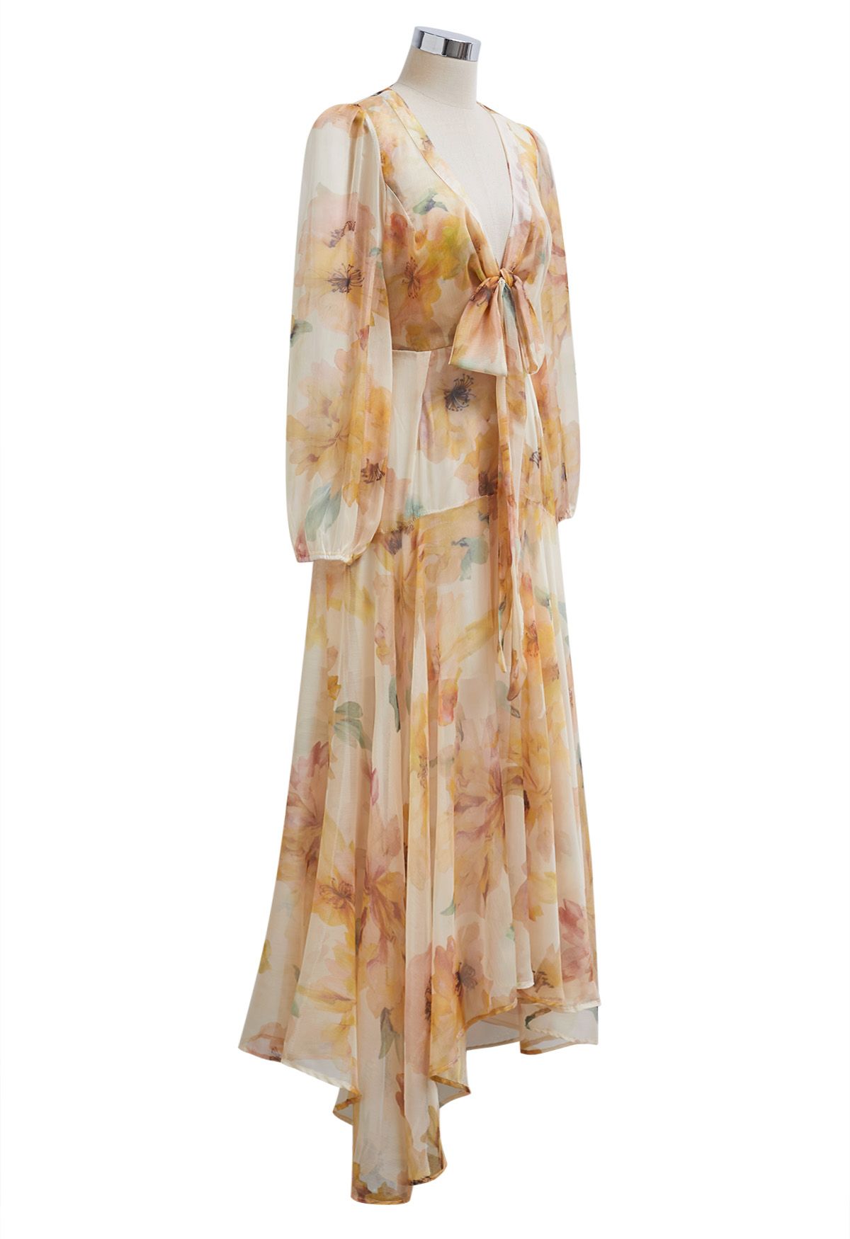 Watercolor Floral Tie Front Asymmetric Chiffon Maxi Dress