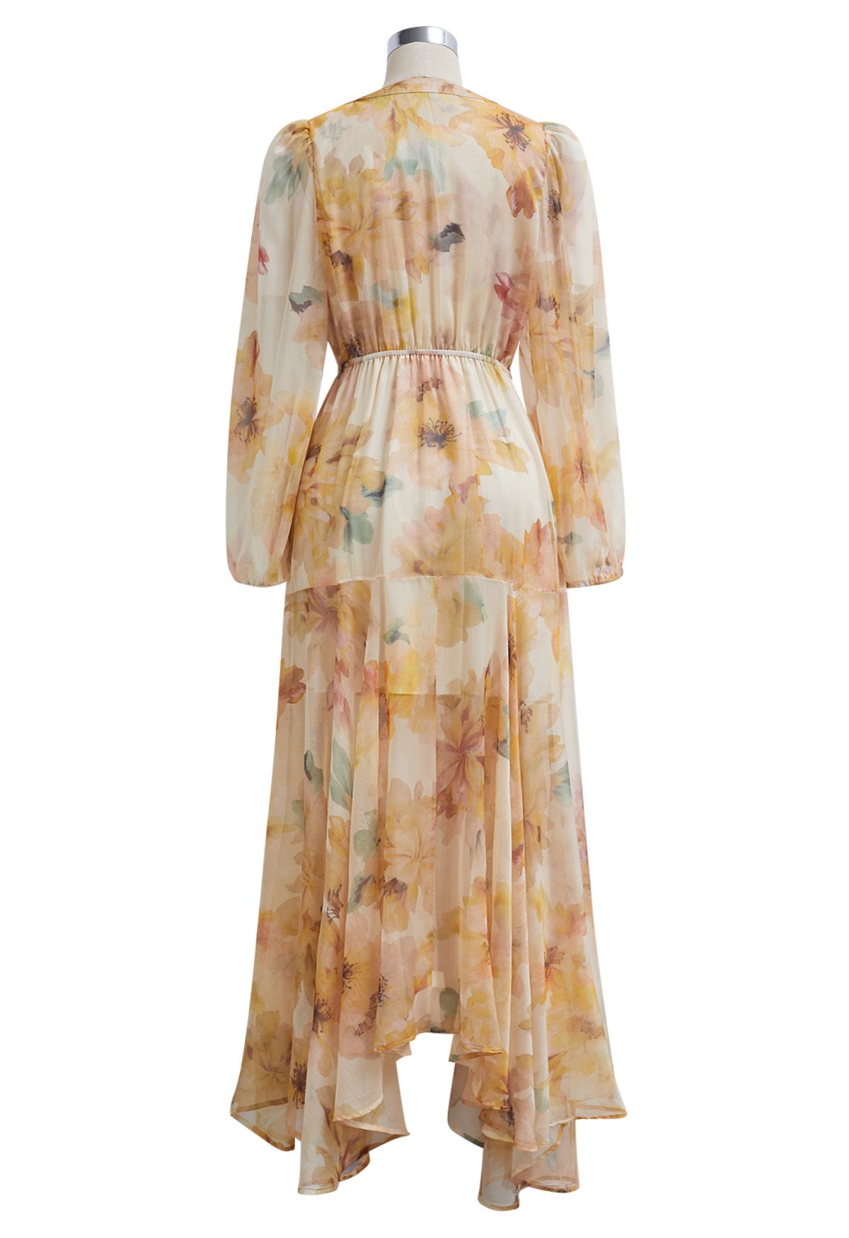 Watercolor Floral Tie Front Asymmetric Chiffon Maxi Dress