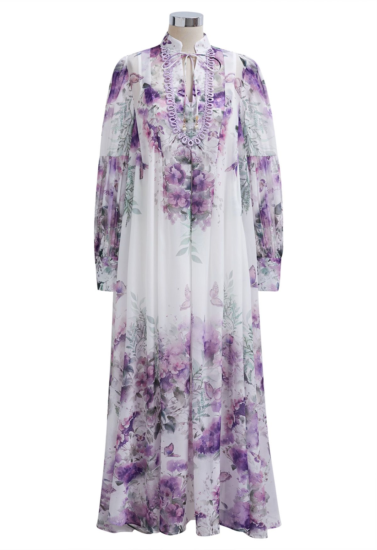 Watercolor Rose Garden Tie-Neck Belted Organza Maxi Dress in Purple