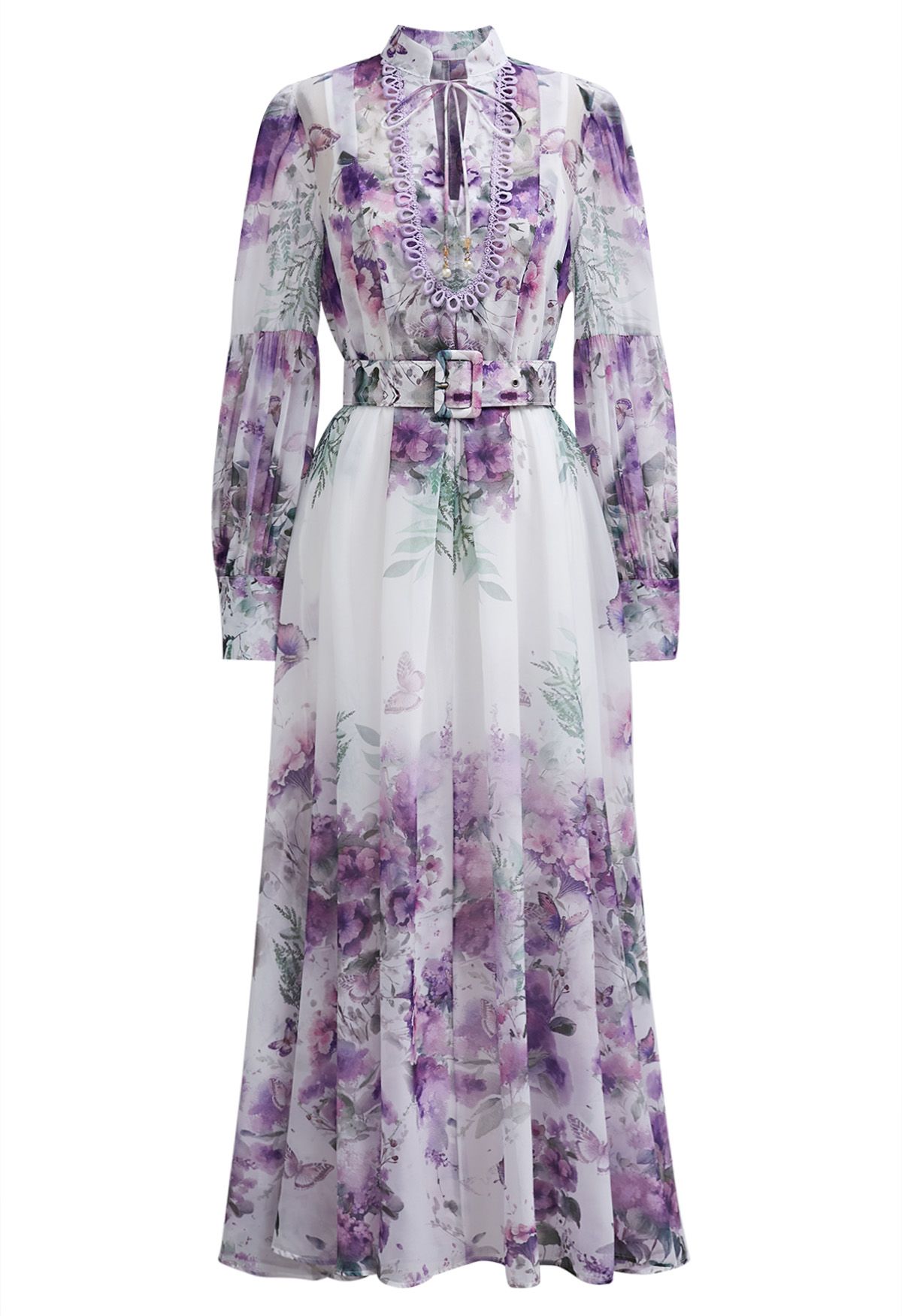 Watercolor Rose Garden Tie-Neck Belted Organza Maxi Dress in Purple