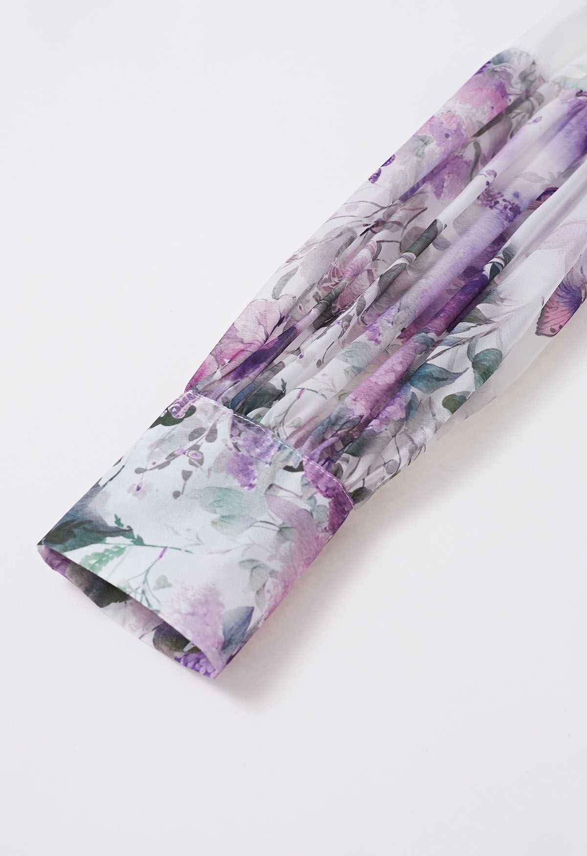 Watercolor Rose Garden Tie-Neck Belted Organza Maxi Dress in Purple