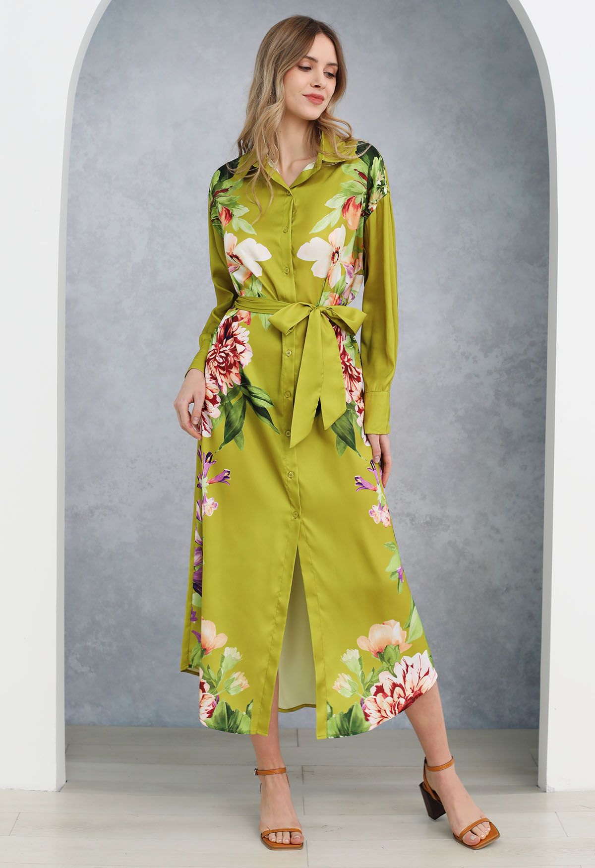 Vestido camisero color lima con estampado Enchanting Blossom