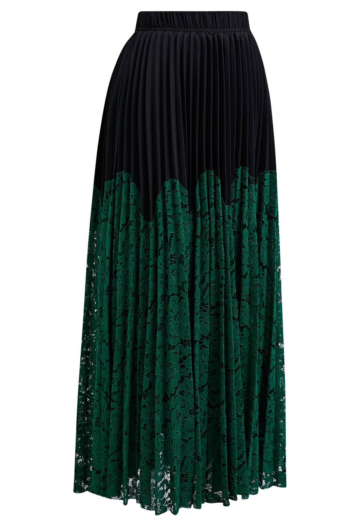Falda larga plisada con encaje floral en verde oscuro