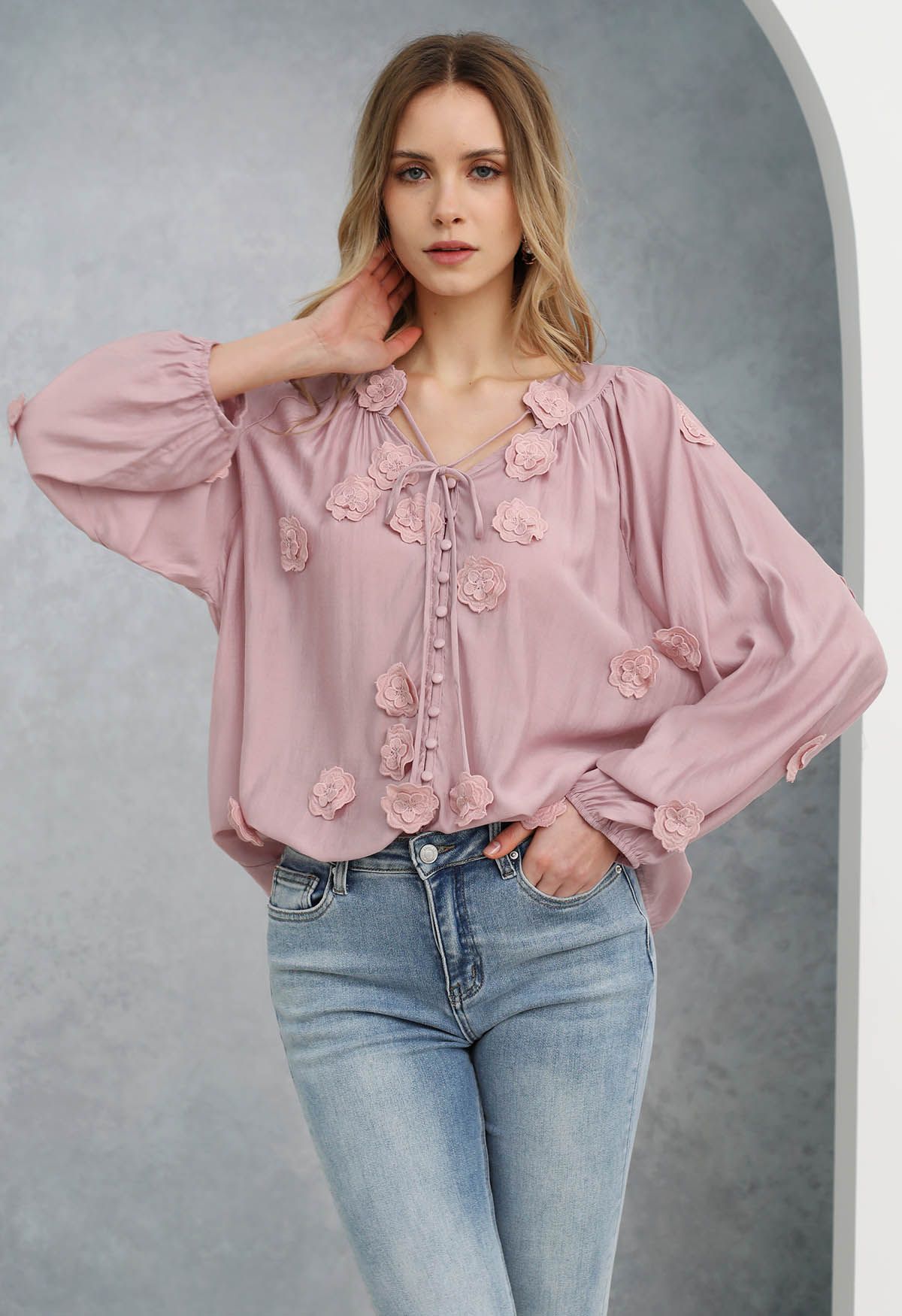Camisa con botones de flores de encaje 3D Romantic Blossom en rosa
