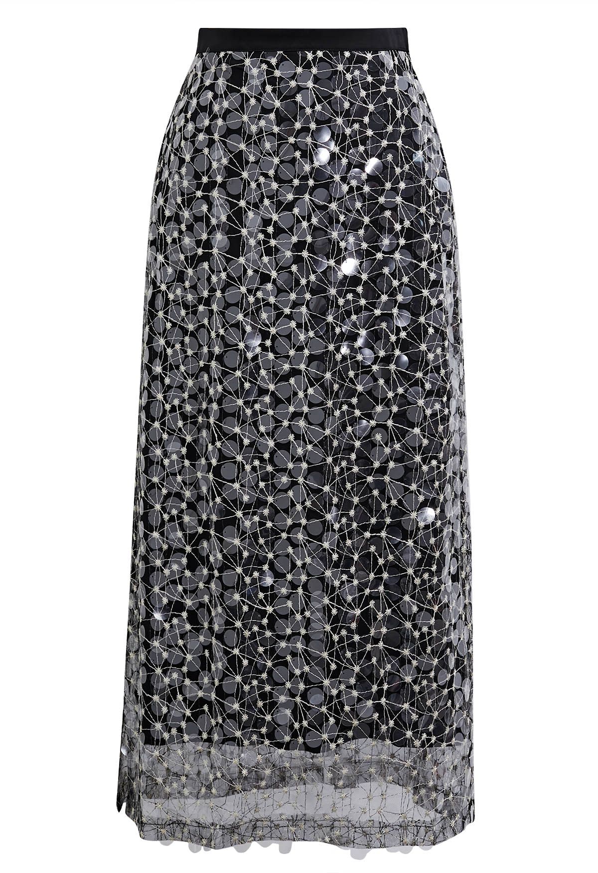 Falda de malla bordada con lentejuelas brillantes en negro