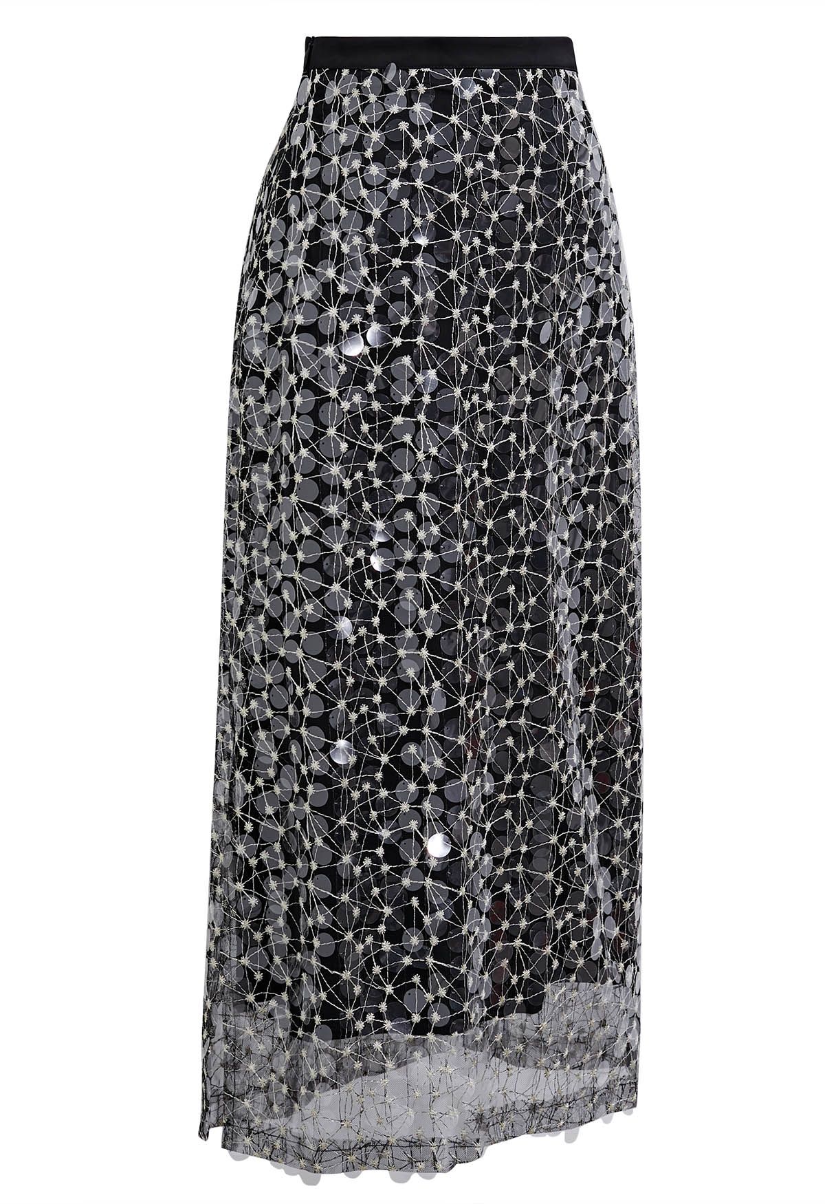 Falda de malla bordada con lentejuelas brillantes en negro