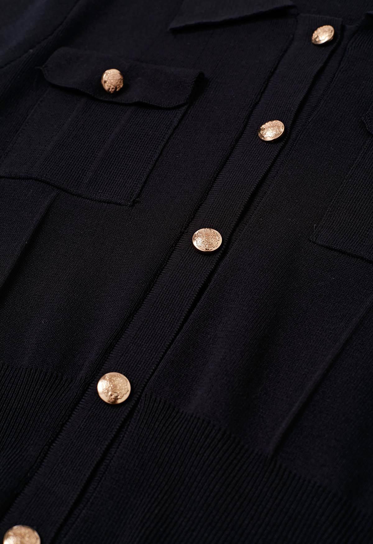 Conjunto de falda midi y top de punto de manga corta con botones destacados en negro