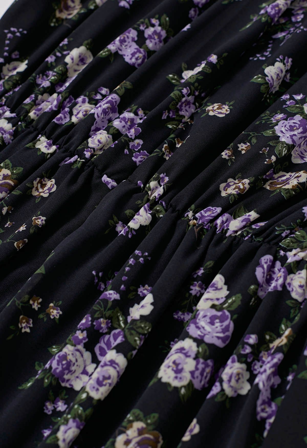 Vestido midi con volantes y envoltura sintética de Romance floral en negro