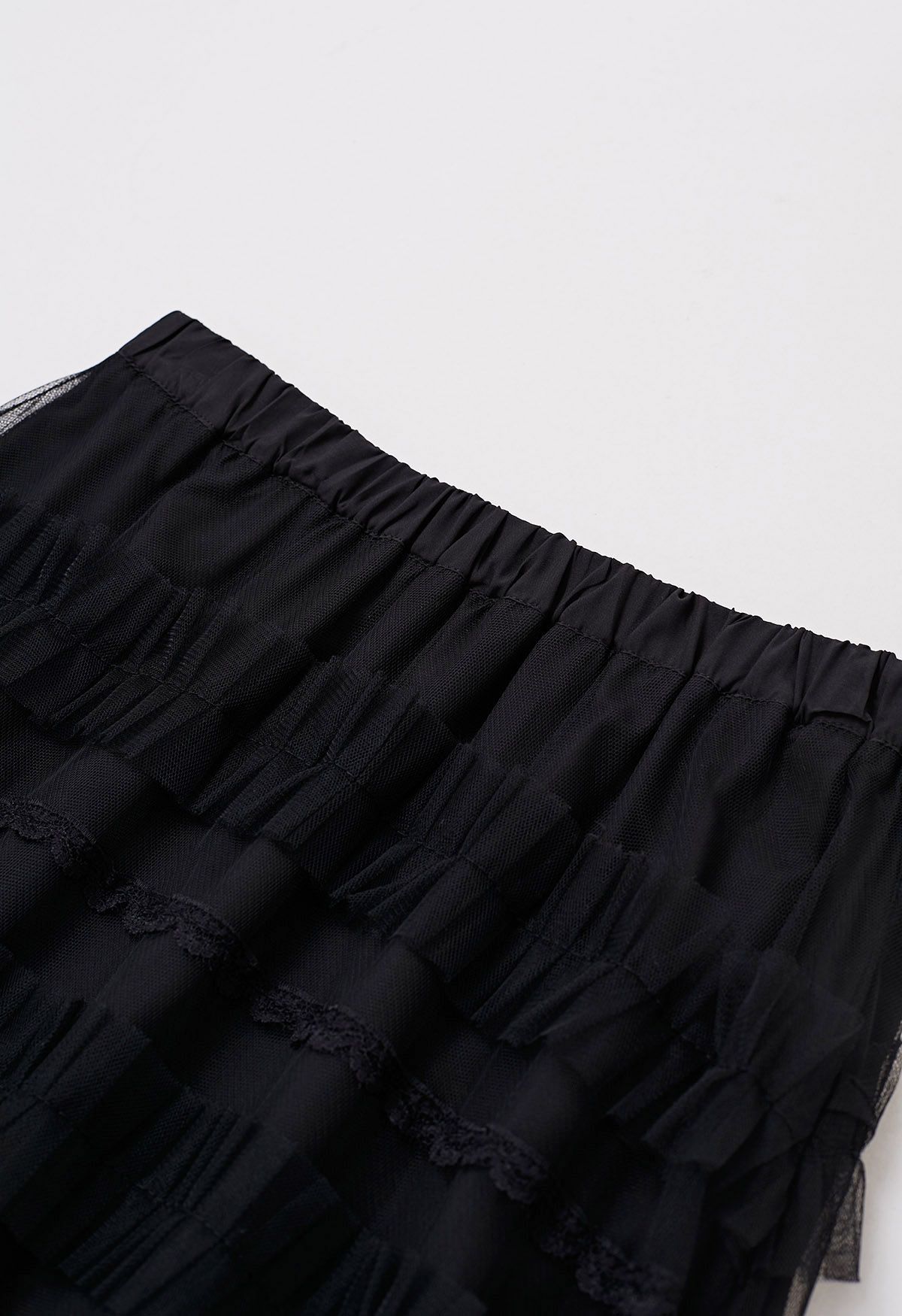 Falda larga de tul de malla de encaje con volantes en negro