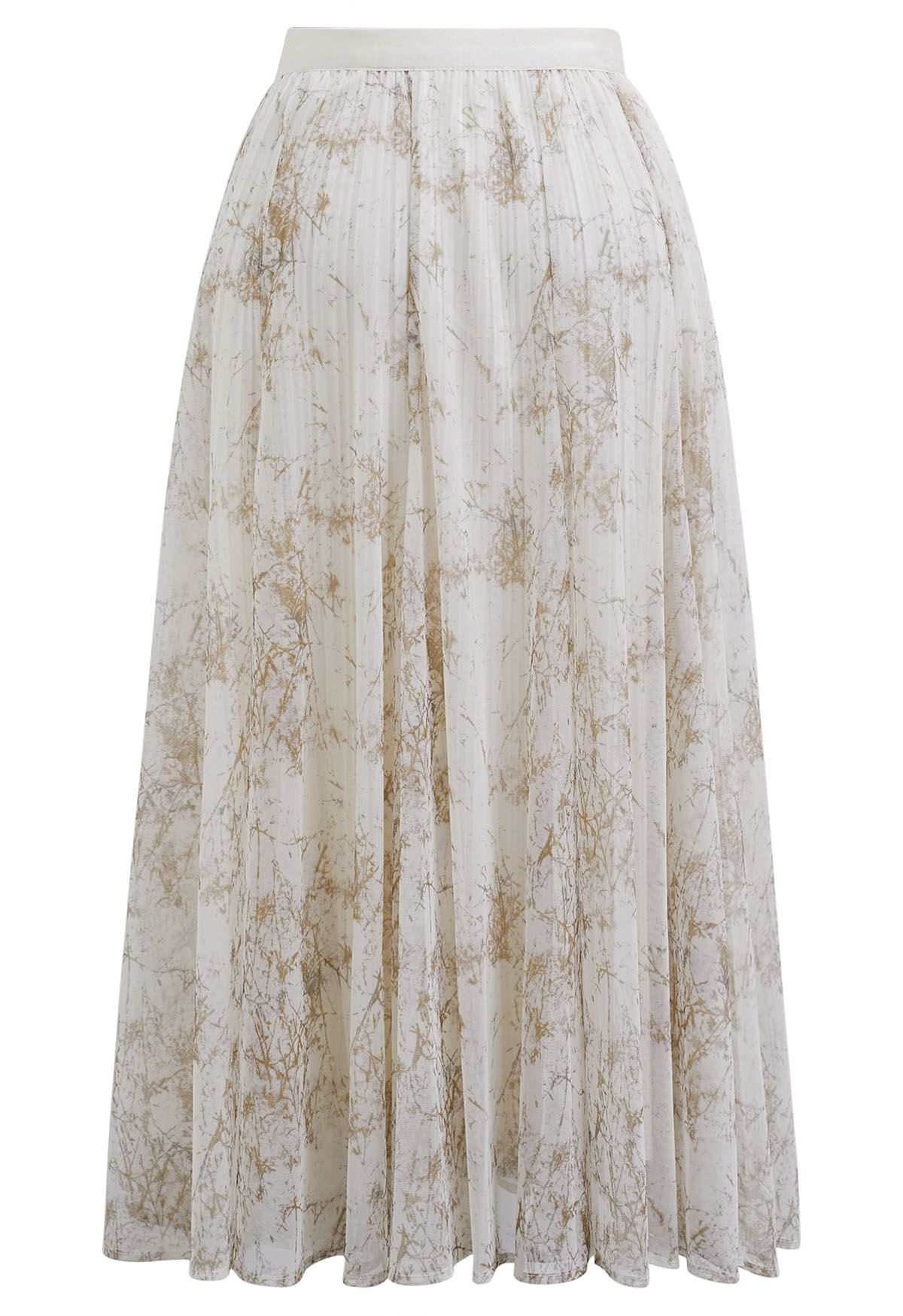 Falda midi de malla plisada con estampado de ramas en color canela