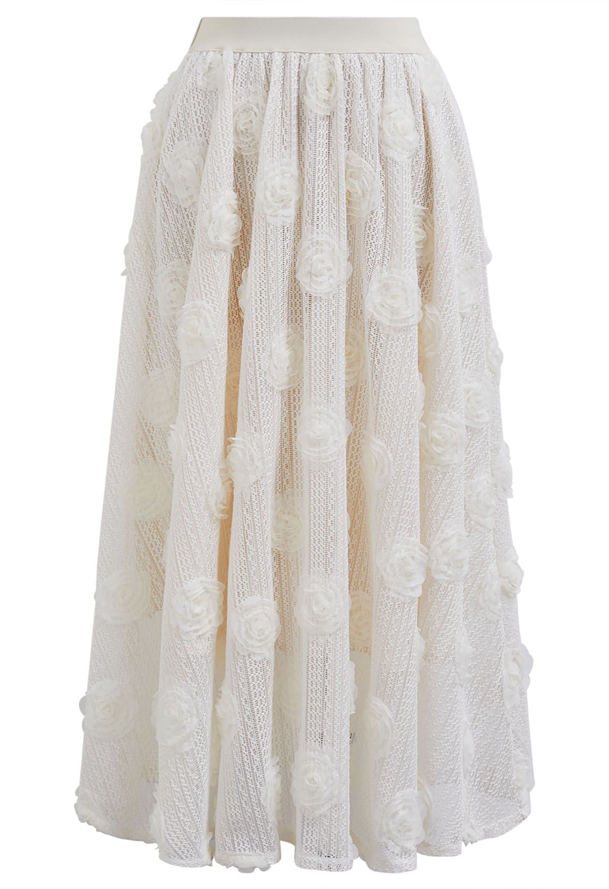Falda midi de algodón calada 3D Rose en marfil