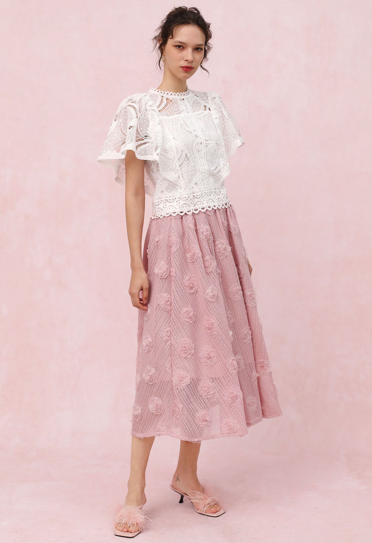 Falda midi de algodón calada 3D Rose en rosa