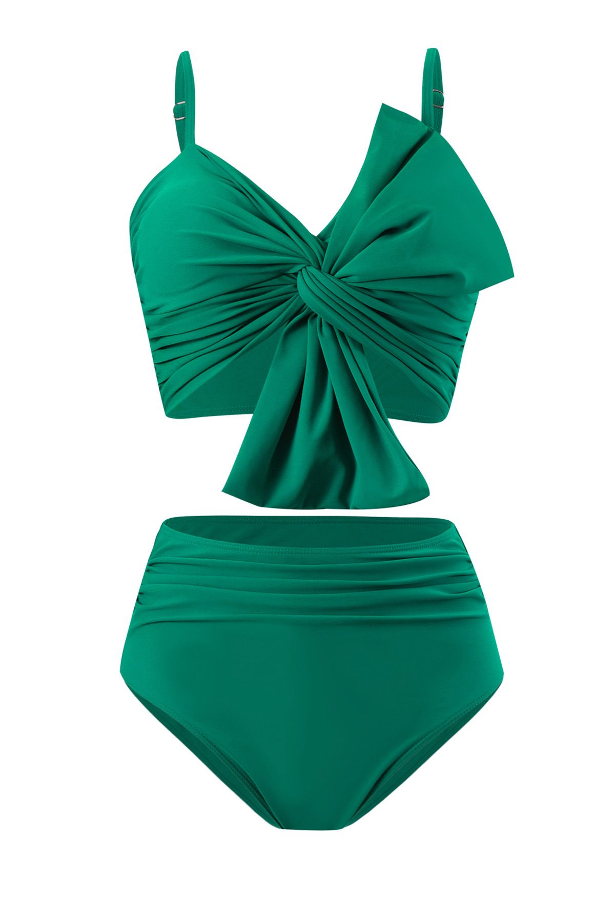 Conjunto de bikini fruncido con nudo delantero en verde azulado