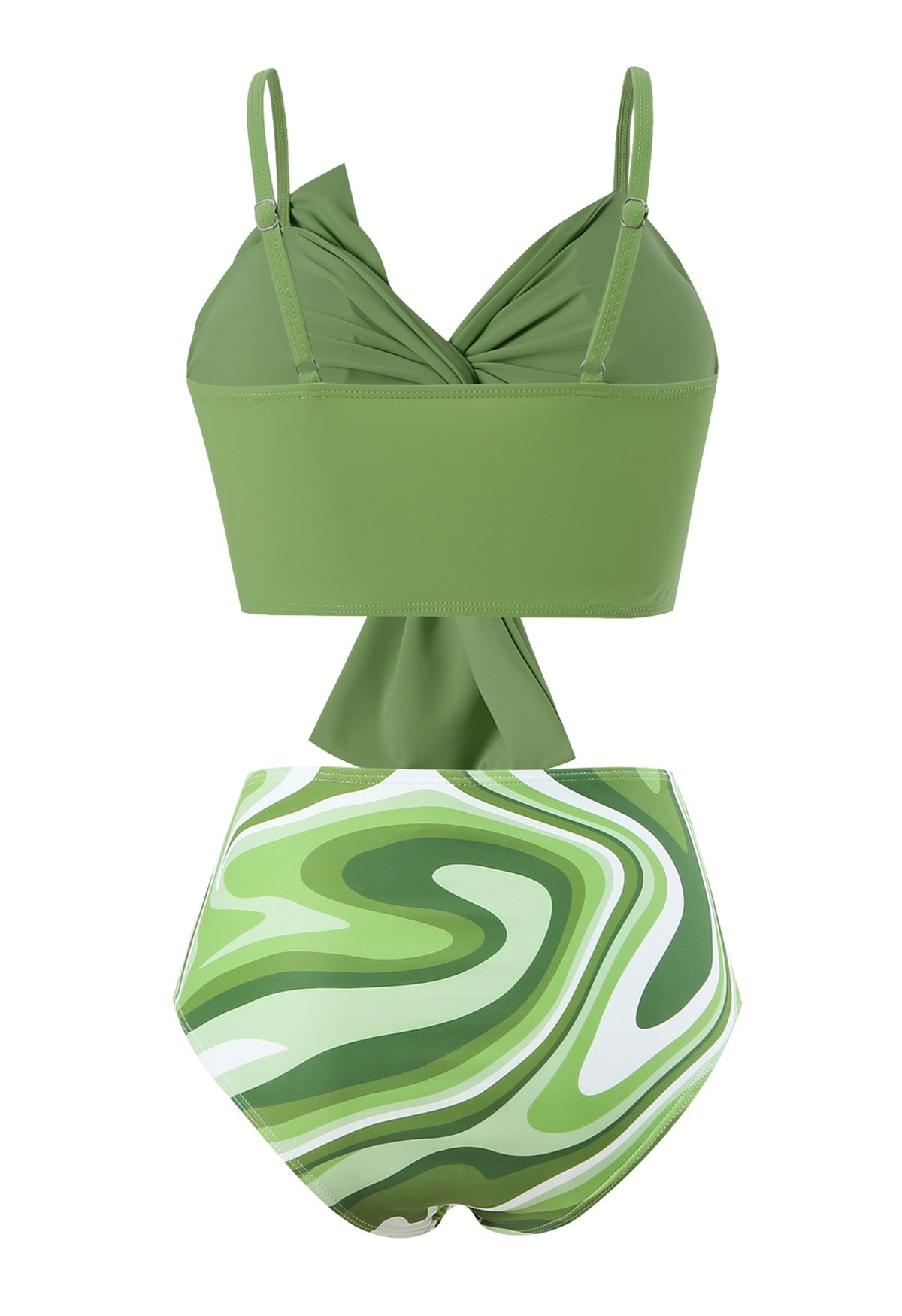 Conjunto de bikini fruncido con nudo delantero en estampado verde