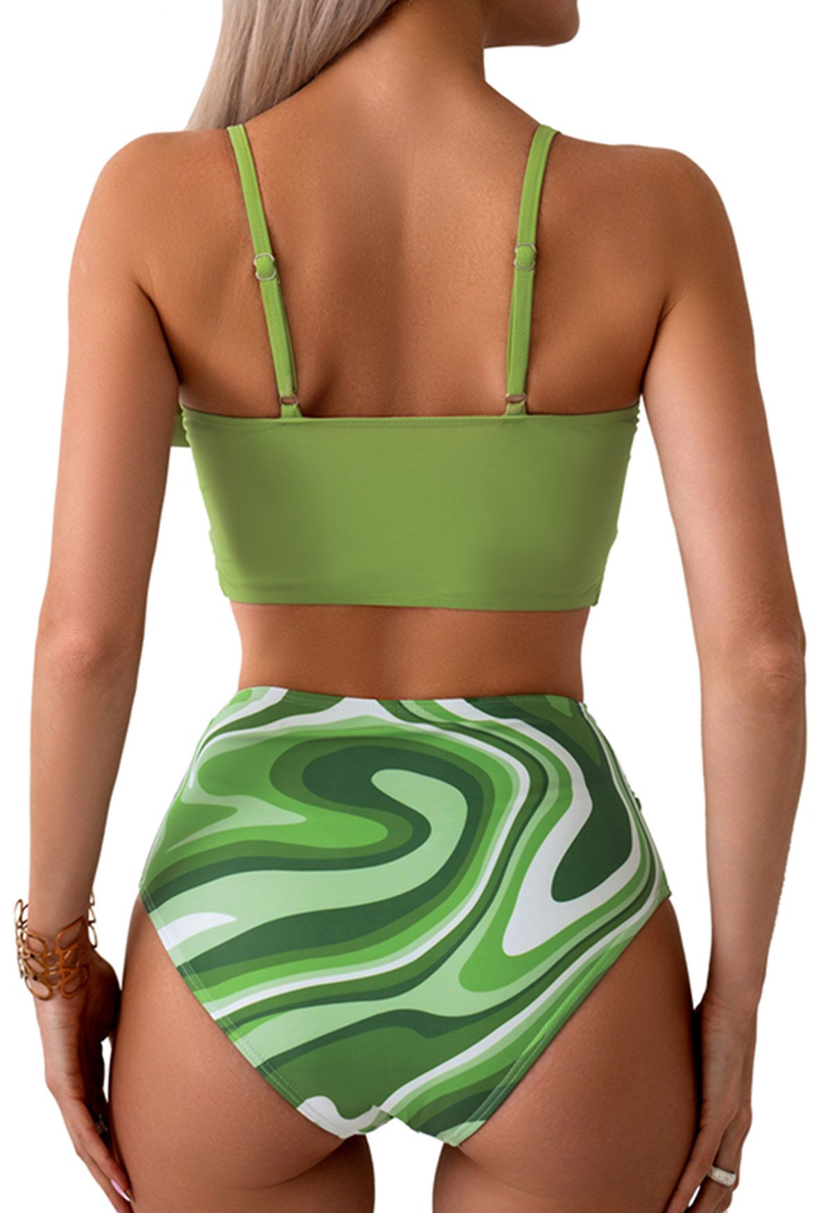 Conjunto de bikini fruncido con nudo delantero en estampado verde