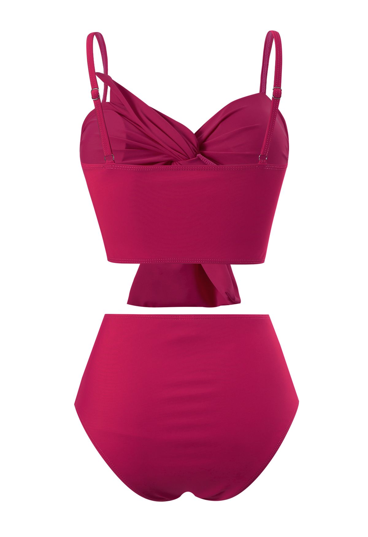 Conjunto de bikini fruncido con nudo delantero en rosa fuerte