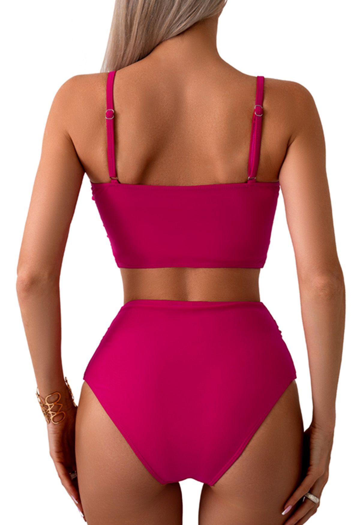 Conjunto de bikini fruncido con nudo delantero en rosa fuerte