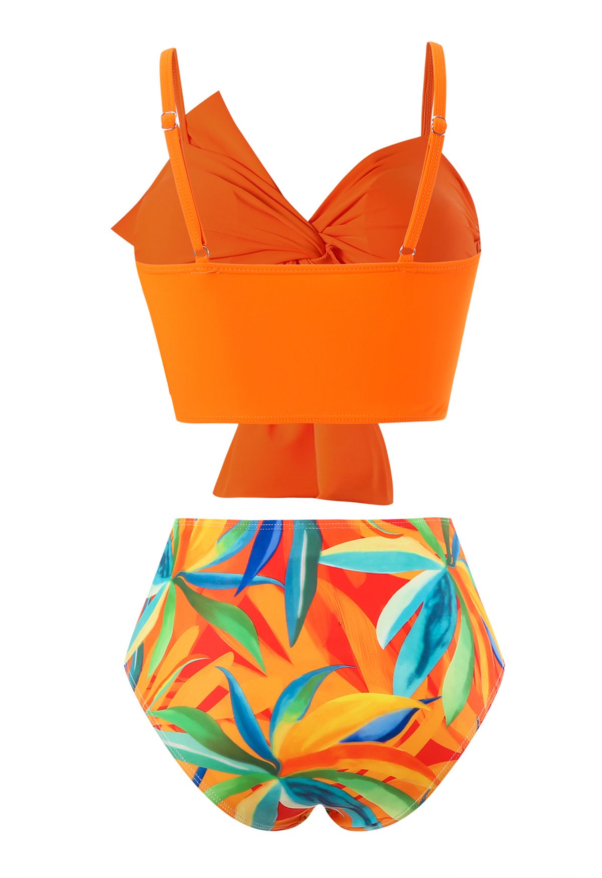 Conjunto de bikini fruncido con nudo delantero y estampado naranja