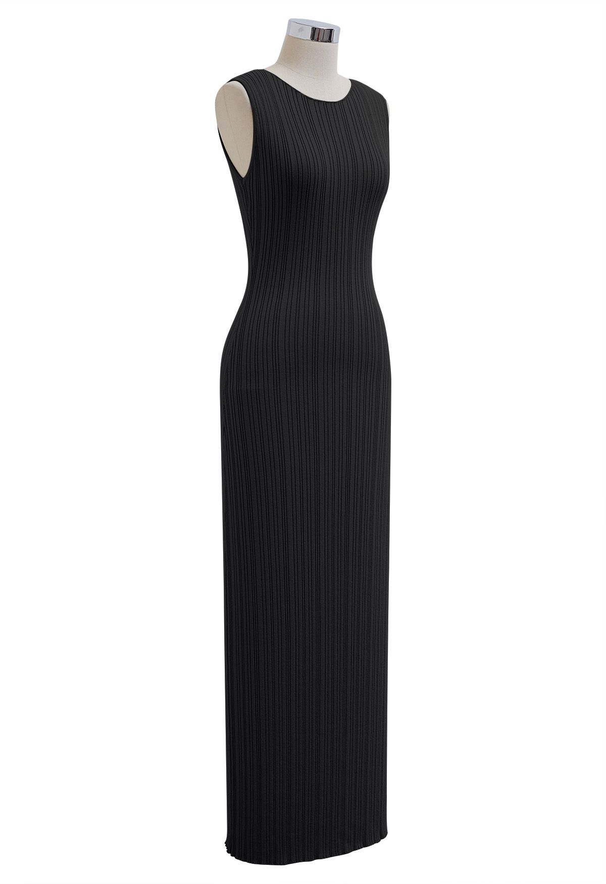 Vestido largo ajustado de punto sin mangas con abertura en la espalda en negro