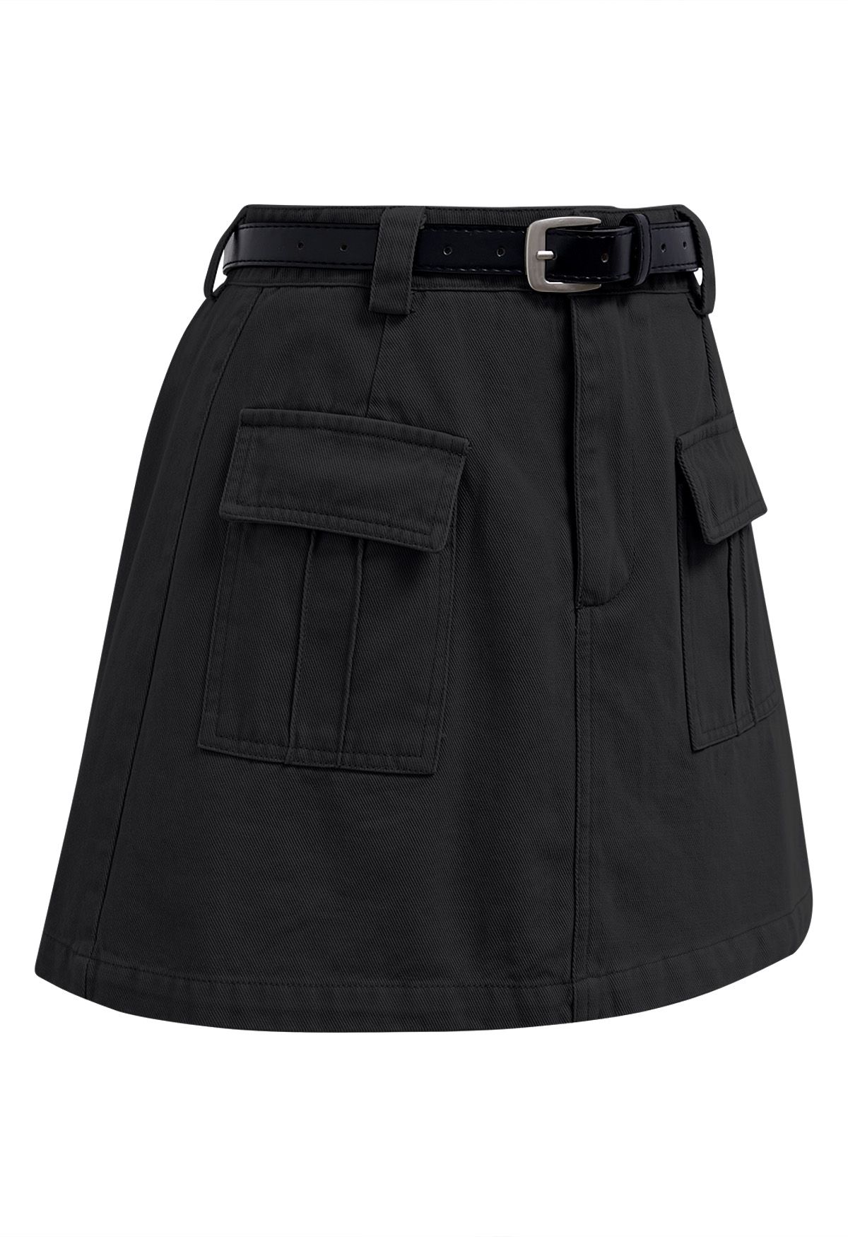 Minifalda vaquera con bolsillo con solapa y cinturón en negro
