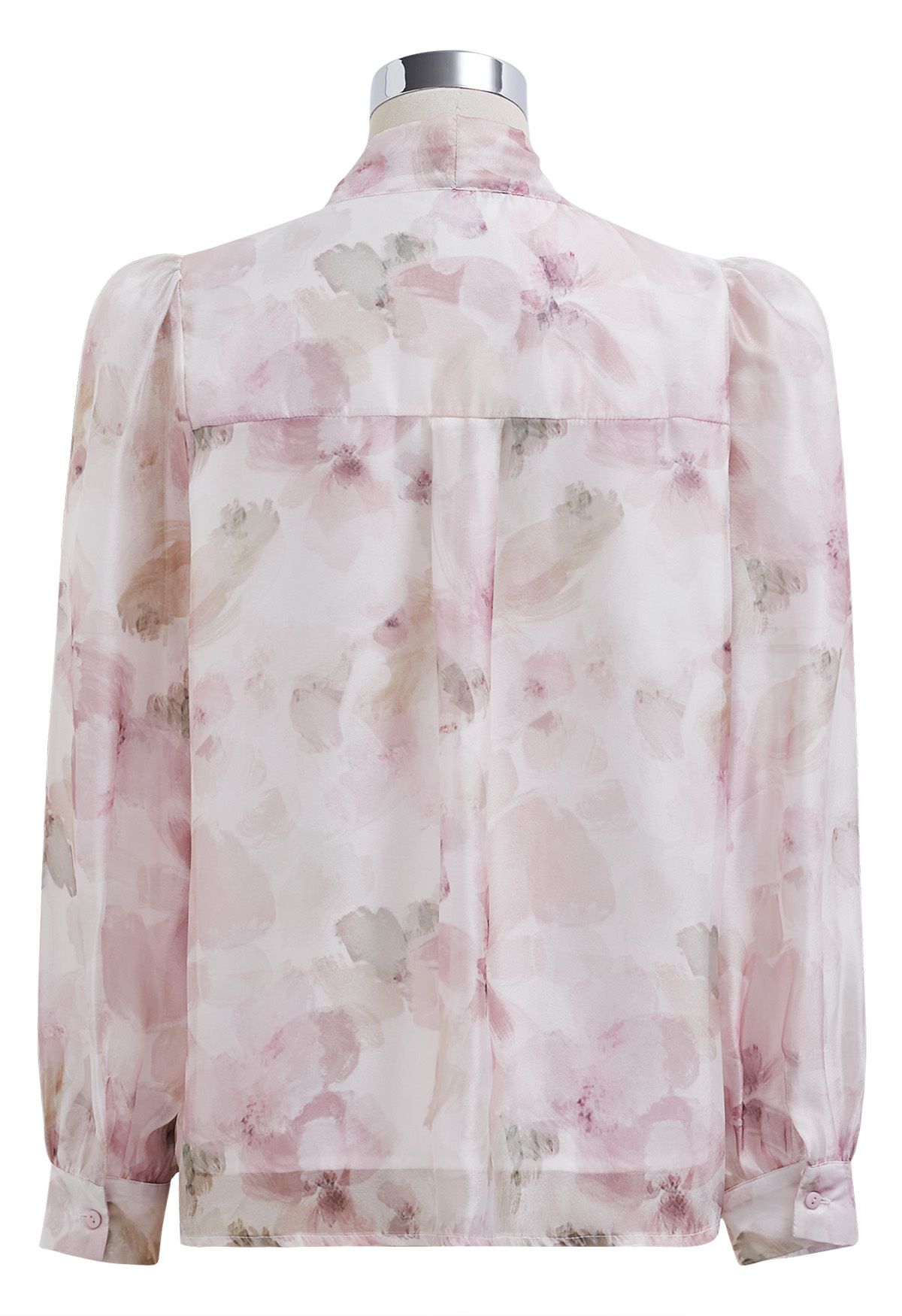 Camisa transparente floral color acuarela con cuello con lazo en rosa
