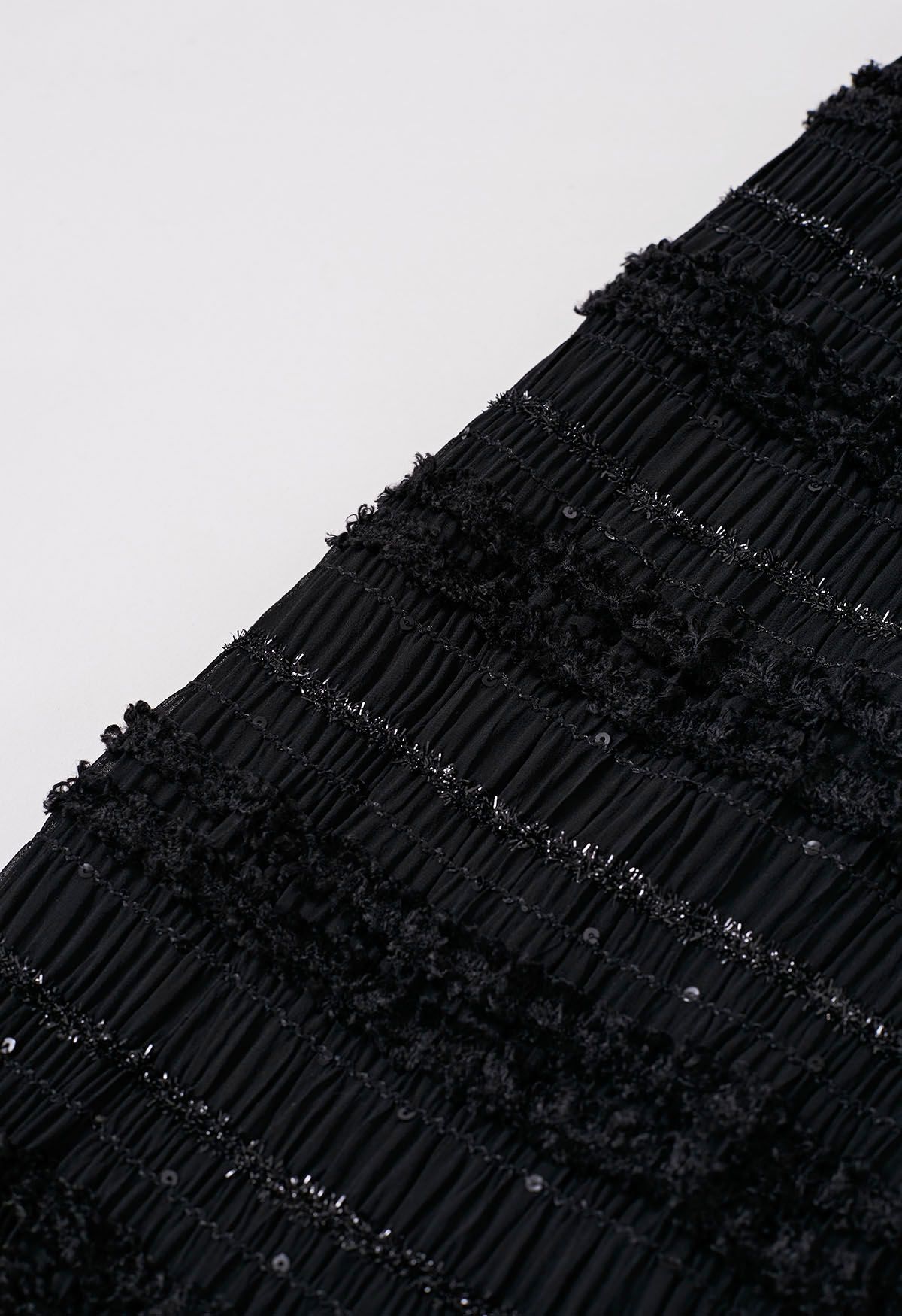 Falda lápiz de lentejuelas borrosas de malla fruncida en negro