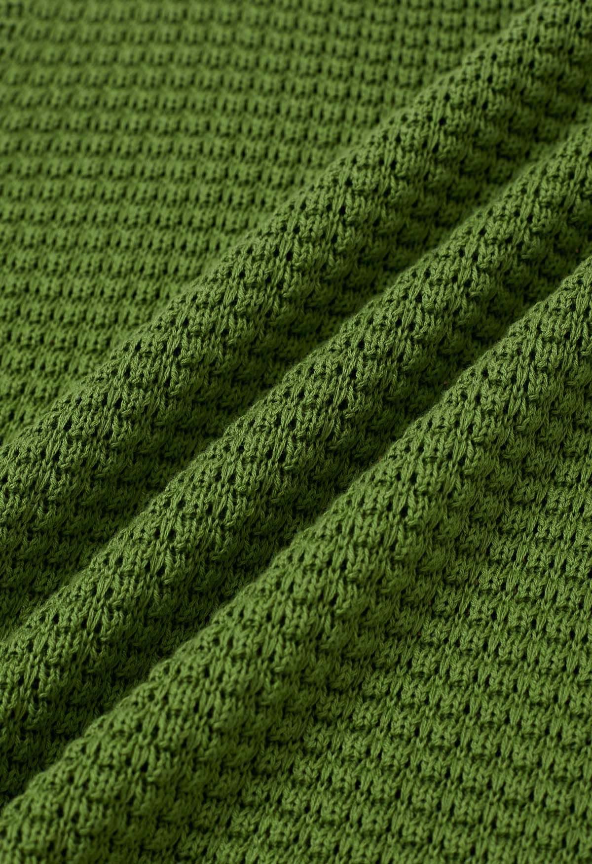 Top sin mangas de punto calado de color liso en verde
