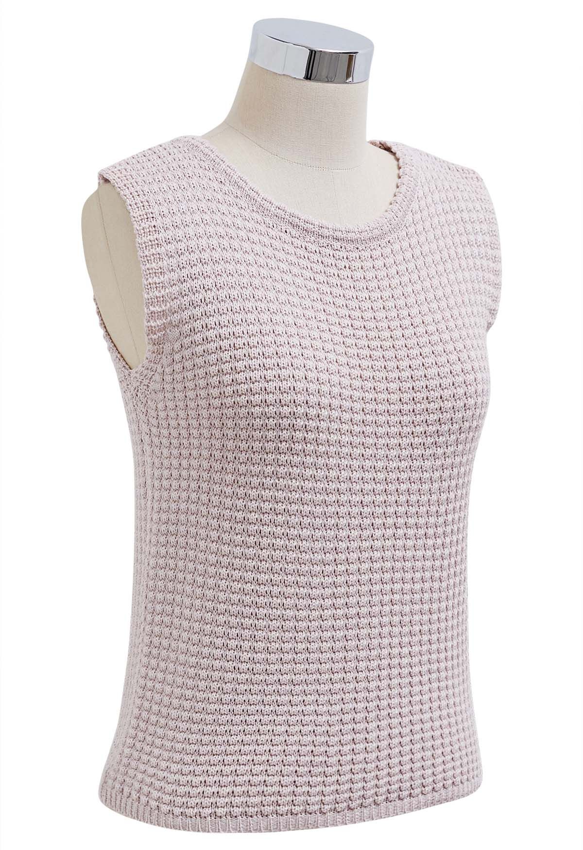 Top sin mangas de punto calado de color liso en rosa claro